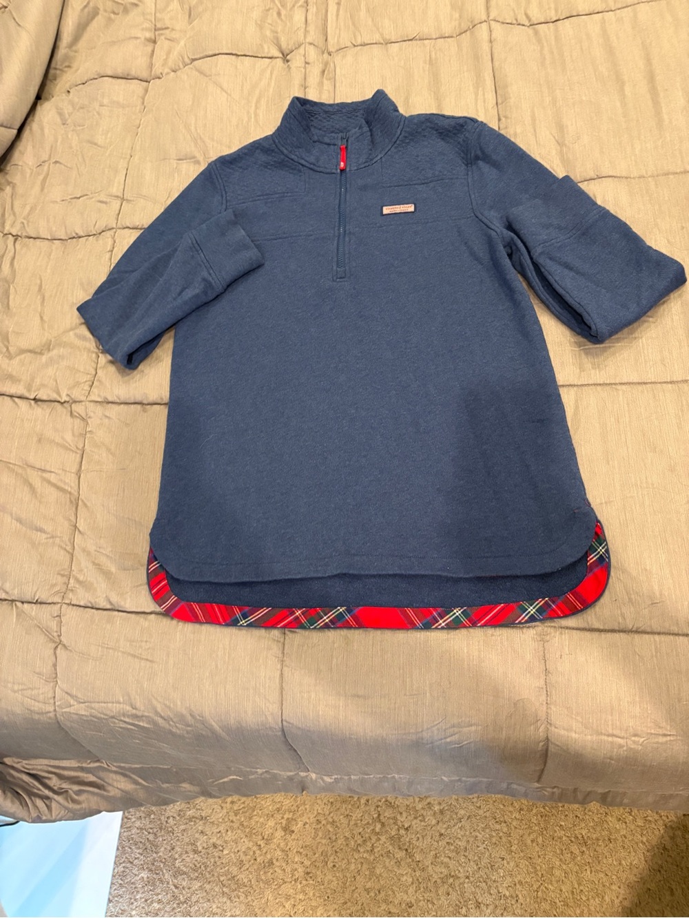 Vineyard Vines Navy Half-Zip Pullover with Red Plaid Hem